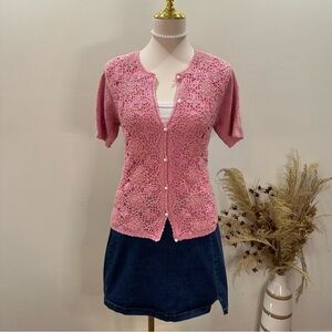Jaclyn Smith Vintage Women's Pink Crochet Short Sleeve Cardigan Size Medium